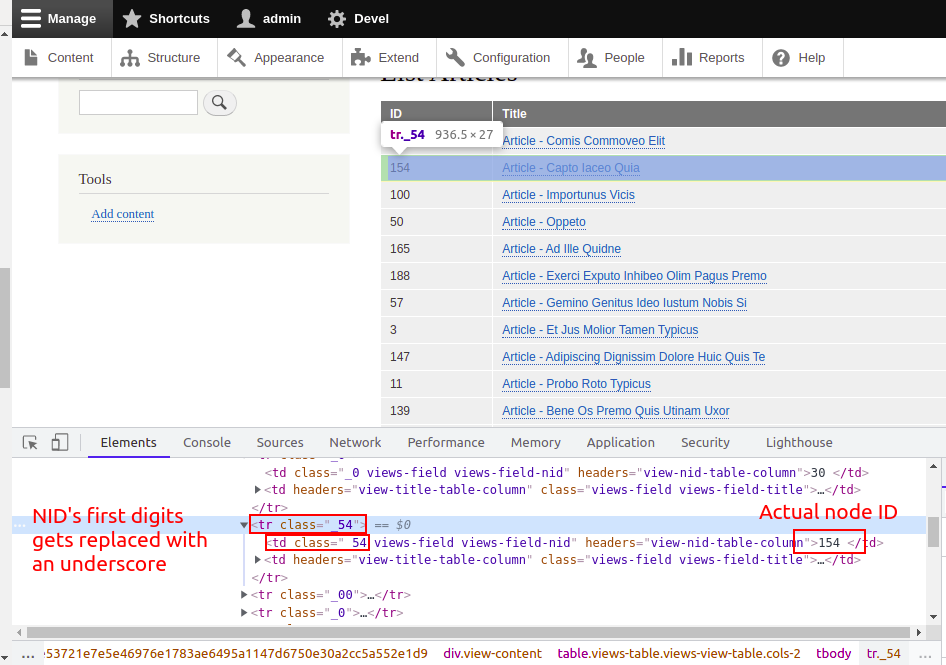 Adding Node ID as view row tr or table cell td results in